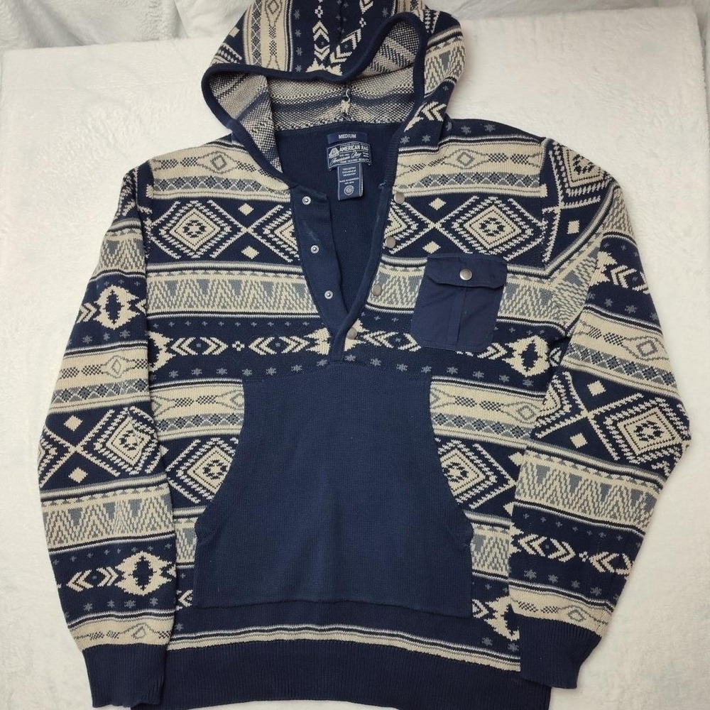 American Rag Sweater Hoodie Mens Medium Navy Aztec Henley Cotton Knit Pullover